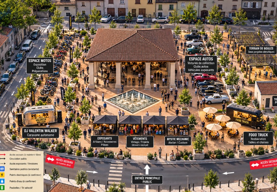 Plan d'implantation Lux Mechanica — espace motos, espace autos, exposants, food truck, DJ, terrain de boules
